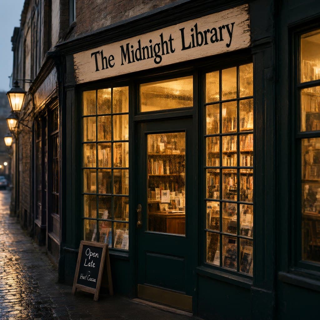 Qwen-Image 2.1 Turbo: bookstore at night with the sign The Midnight Library
